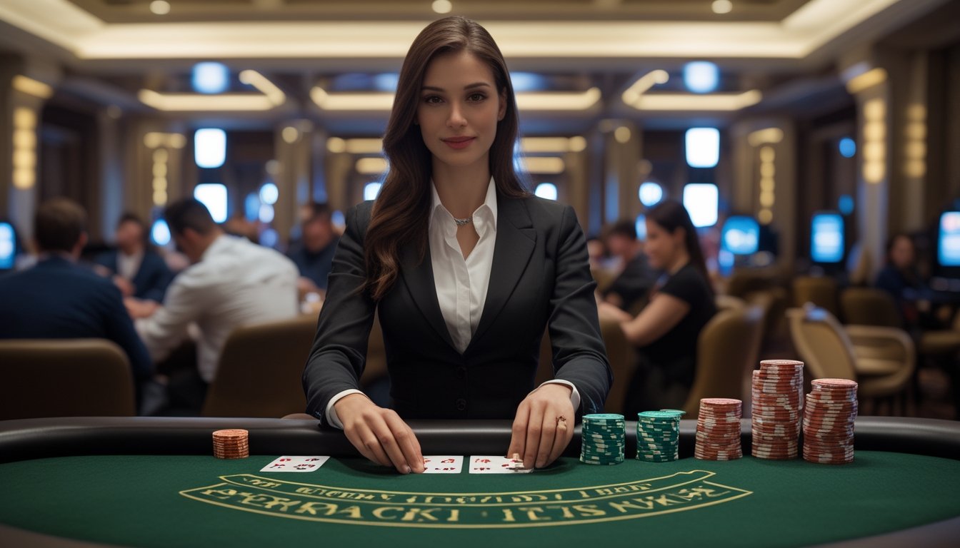 Seorang dealer wanita profesional sedang membagikan kartu di meja blackjack dengan pemain lain di latar belakang dalam suasana kasino yang mewah.