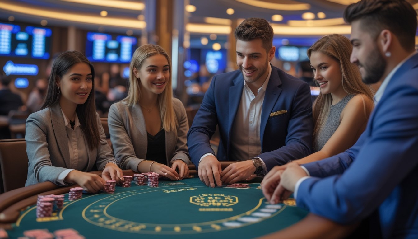 Seorang dealer live blackjack dengan beberapa pemain yang fokus bermain di meja kasino.