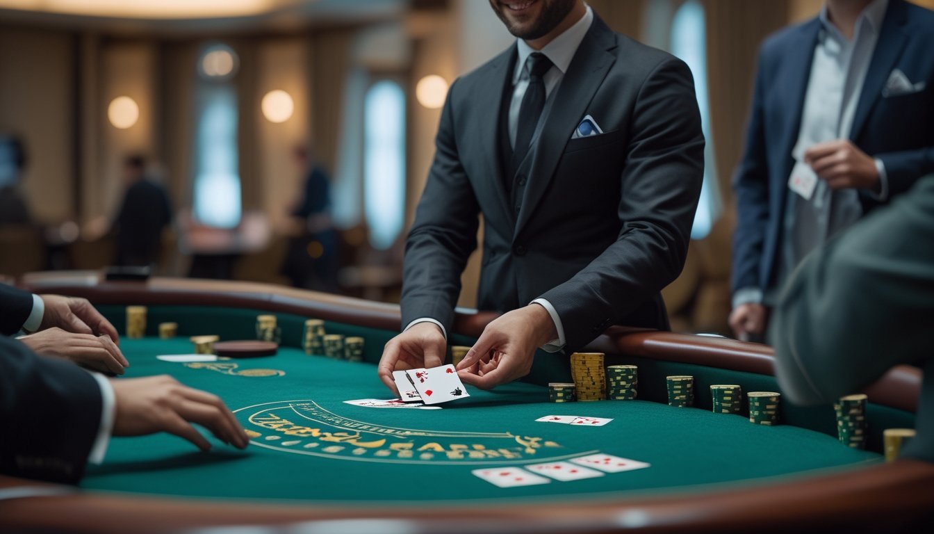 Seorang dealer blackjack yang profesional sedang membagikan kartu di meja hijau dengan pemain di sekelilingnya di dalam kasino.
