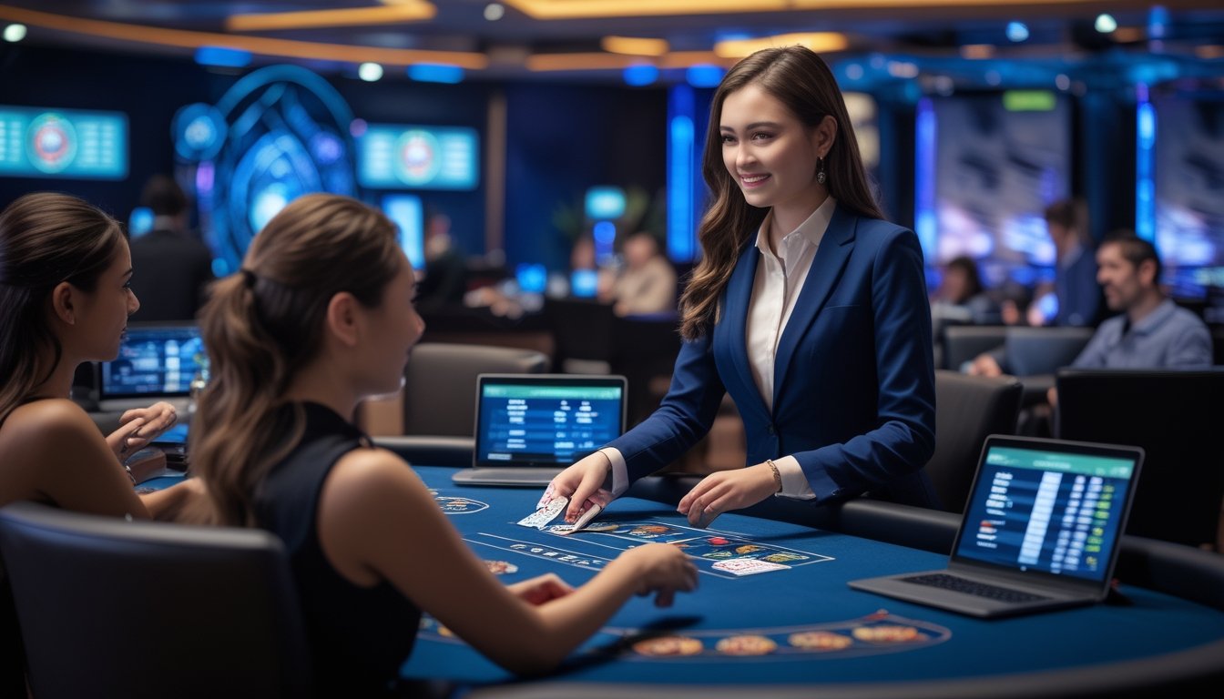 Seorang dealer wanita profesional membagikan kartu blackjack di meja kasino dengan pemain yang menggunakan perangkat digital untuk bermain secara online.