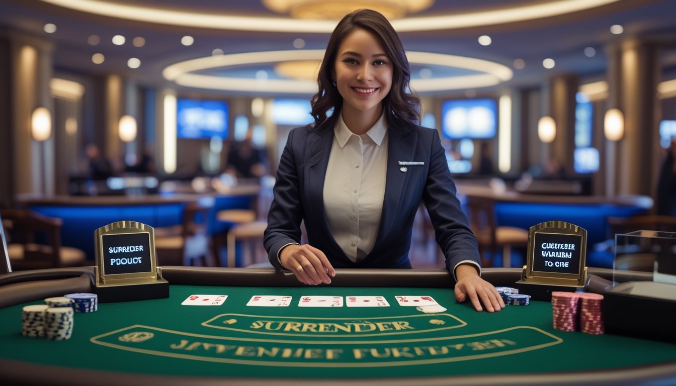 Seorang dealer wanita sedang membagikan kartu di meja blackjack dengan suasana kasino yang modern dan pencahayaan lembut.