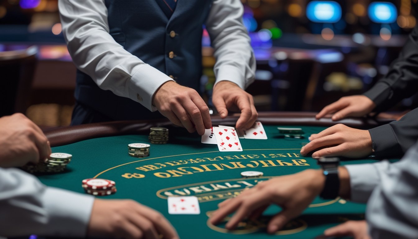 Seorang dealer blackjack sedang membagikan kartu kepada pemain di meja kasino dengan suasana permainan yang fokus dan serius.