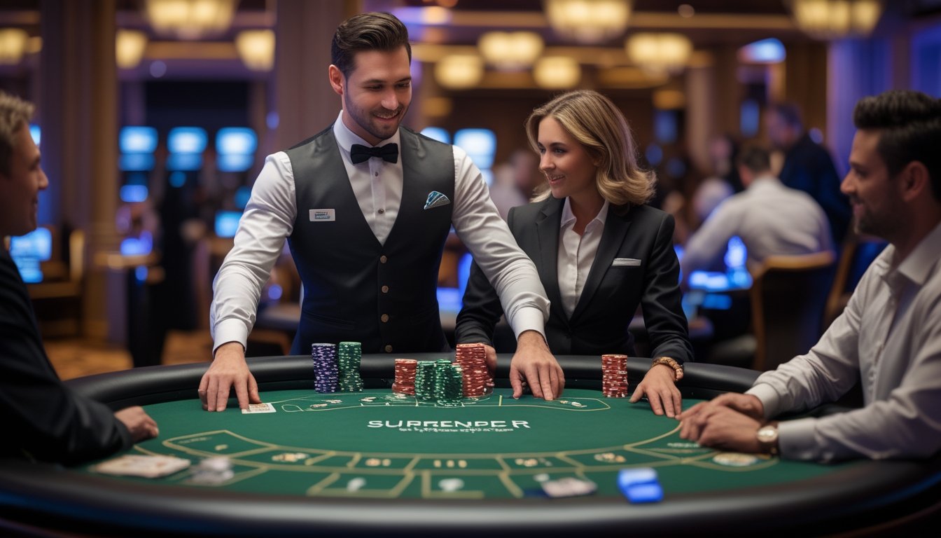Seorang dealer blackjack profesional melayani pemain di meja blackjack dengan kartu dan chip, di dalam suasana kasino yang nyaman.