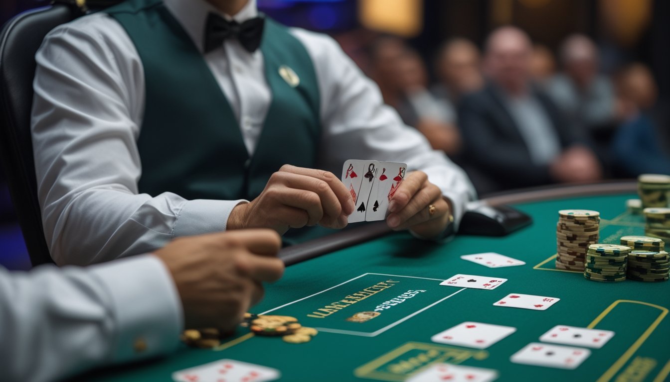 Seorang dealer blackjack langsung yang ramah sedang bermain di meja hijau dengan kartu dan chip, menunjukkan fitur surrender dalam permainan taruhan.