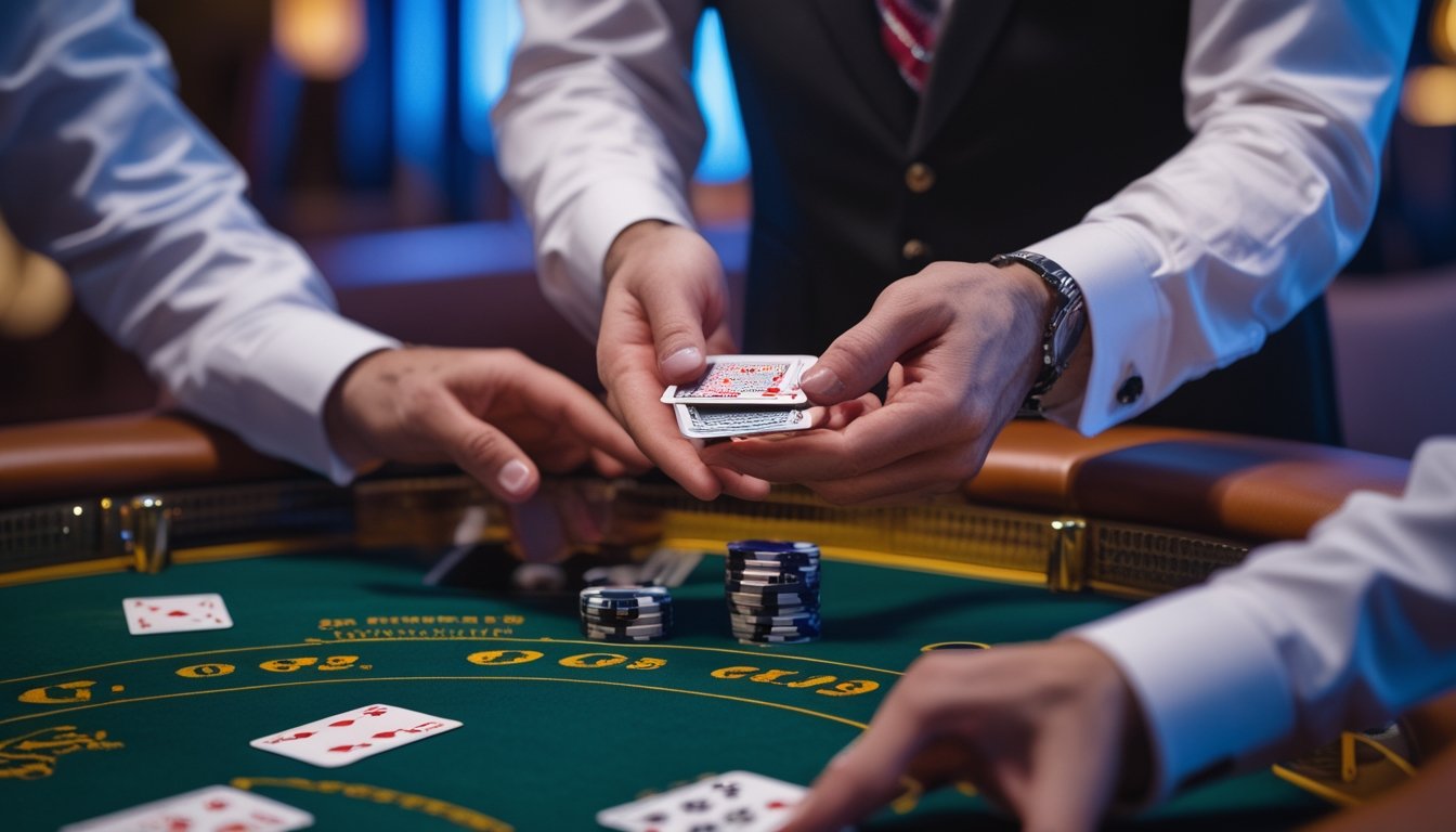 Seorang dealer profesional sedang membagikan kartu di meja blackjack dengan pemain yang terlihat di kasino mewah.