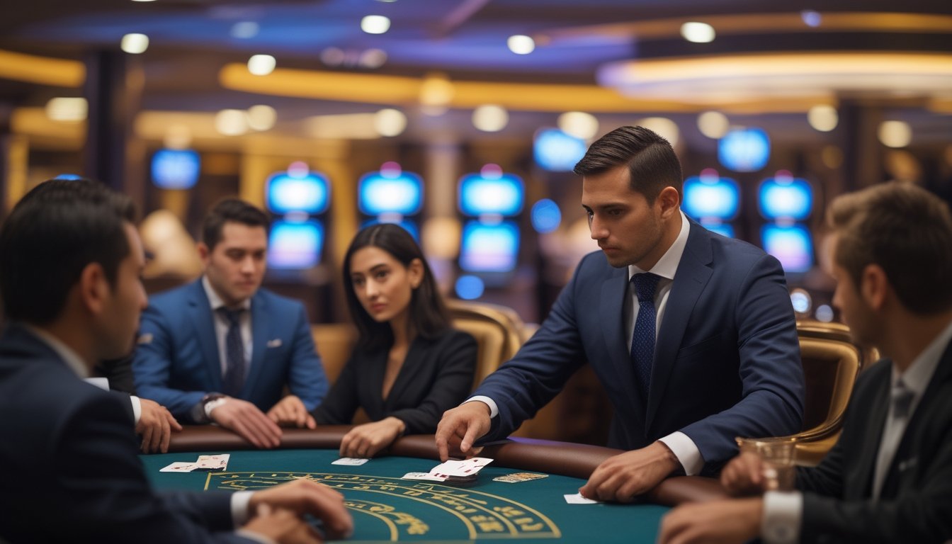 Seorang dealer dan beberapa pemain serius duduk di meja blackjack di dalam kasino live.