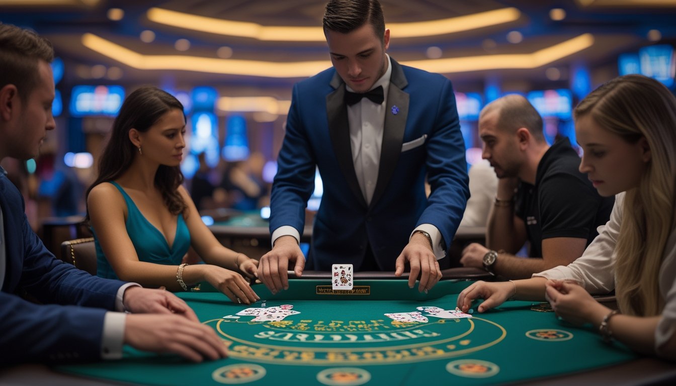 Seorang dealer di meja blackjack dengan beberapa pemain yang sedang mempertimbangkan langkah mereka dalam suasana kasino langsung.
