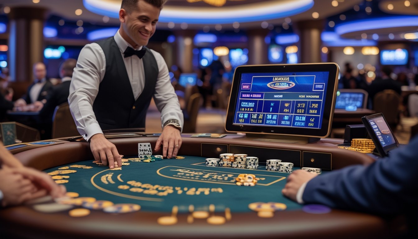 Seorang dealer blackjack profesional sedang melayani pemain di meja blackjack di dalam kasino yang mewah.