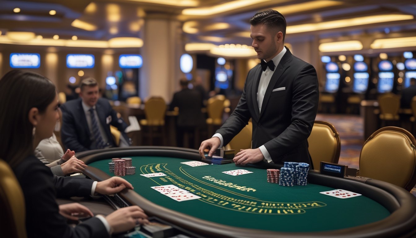 Seorang dealer blackjack profesional melayani pemain di meja blackjack dengan suasana kasino yang elegan dan pencahayaan lembut.