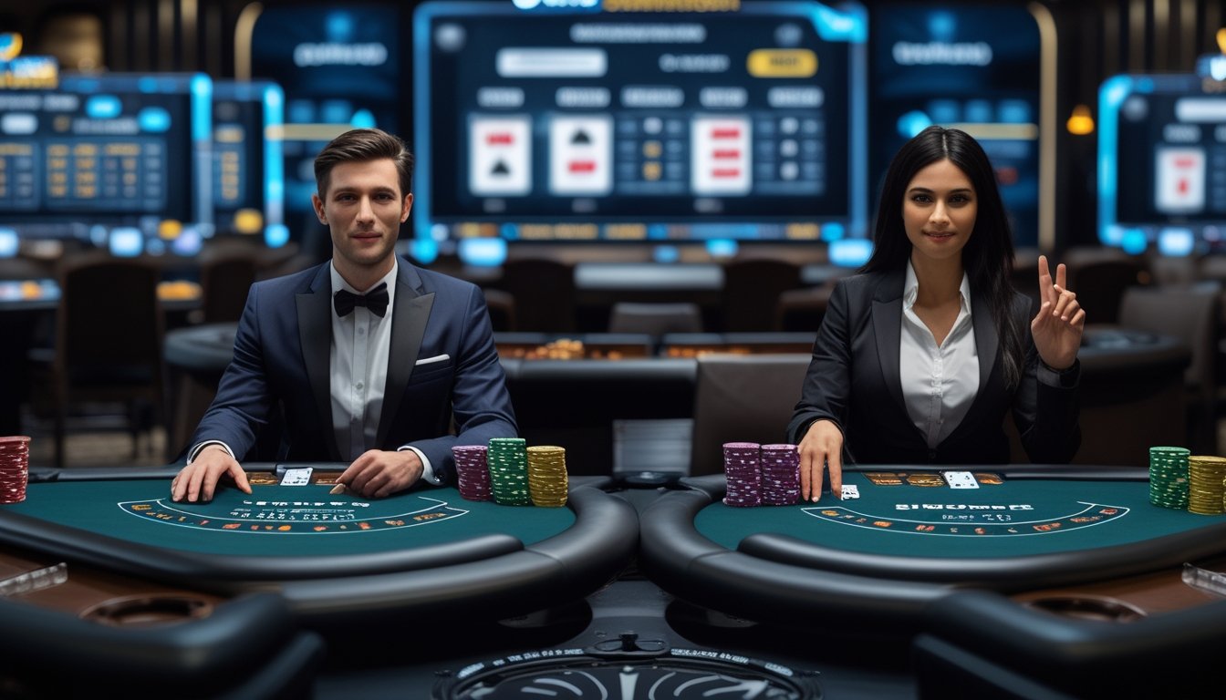 Dua meja blackjack dengan dealer langsung di situs taruhan online, satu meja untuk blackjack biasa dan satu meja untuk blackjack surrender.