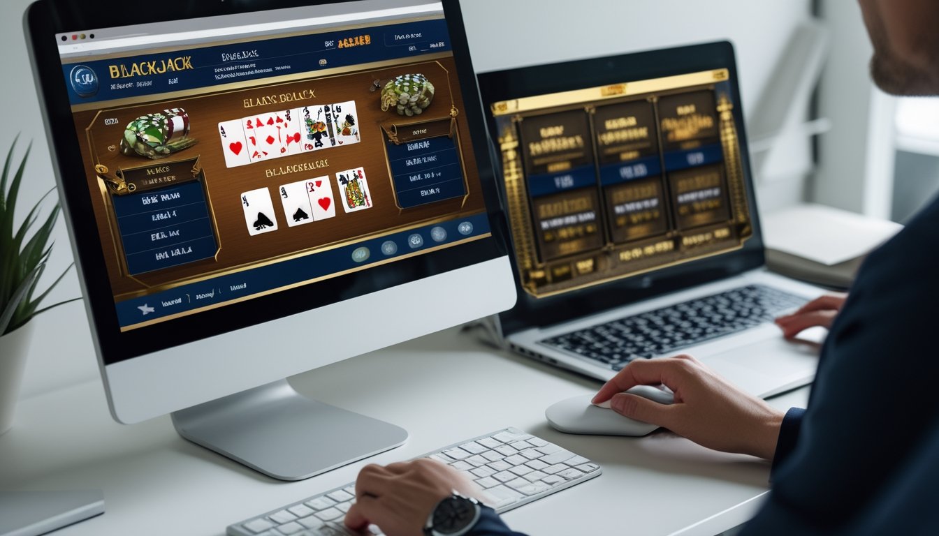 Seseorang menggunakan komputer untuk bermain blackjack online dengan dealer langsung, menampilkan kartu dan chip di layar.