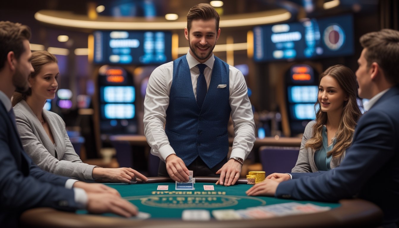 Seorang dealer blackjack profesional melayani pemain di meja kasino dengan suasana yang aman dan modern.