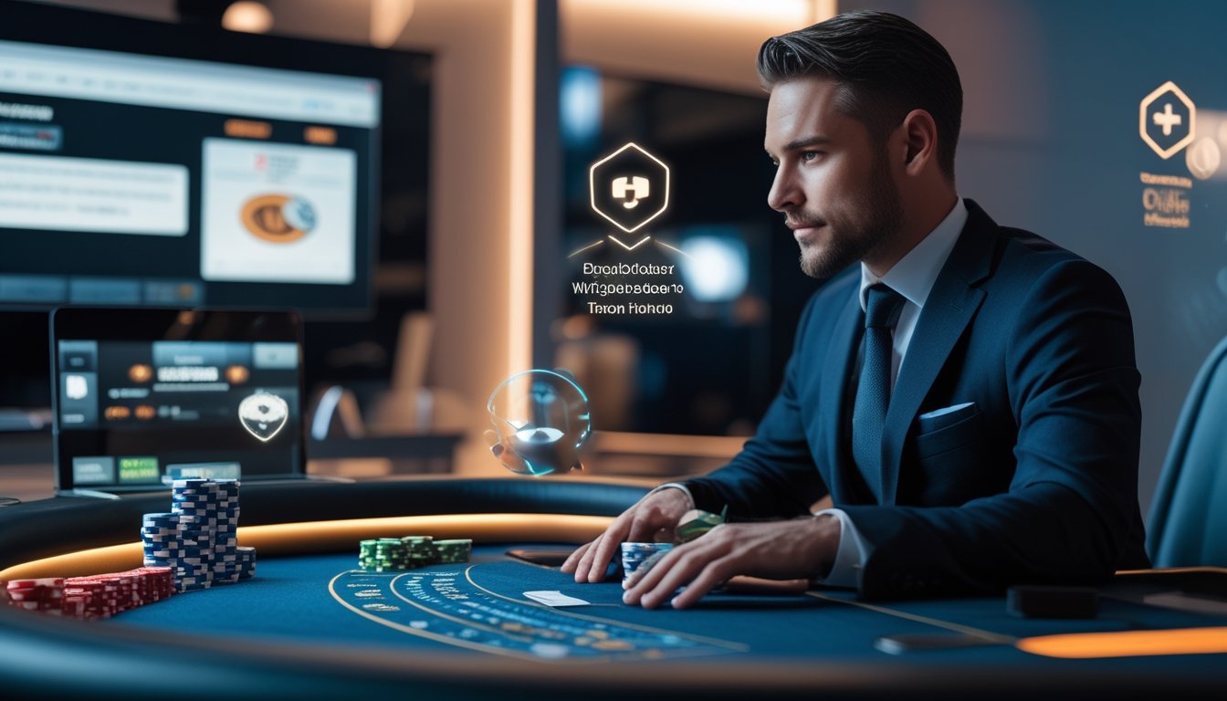 Seorang pemain duduk di meja blackjack dengan dealer langsung, menggunakan perangkat digital dalam suasana kasino modern yang aman dan profesional.