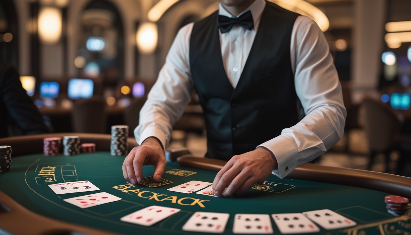 Seorang dealer kartu sedang membagikan kartu blackjack di meja hijau dengan chip dan kartu tertata rapi di kasino mewah.