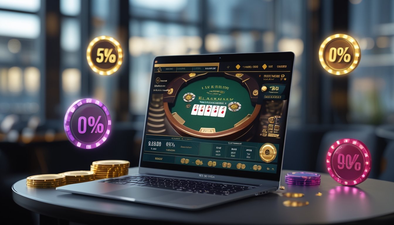 Seorang pemain sedang bermain blackjack online dengan dealer langsung di layar komputer, dikelilingi oleh simbol bonus dan chip kasino.