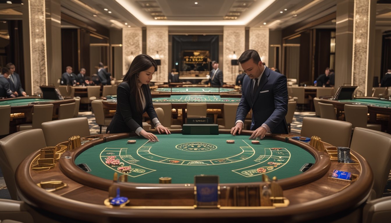 Suasana ruang kasino mewah dengan beberapa meja baccarat dan satu meja privat eksklusif untuk pemain high roller.