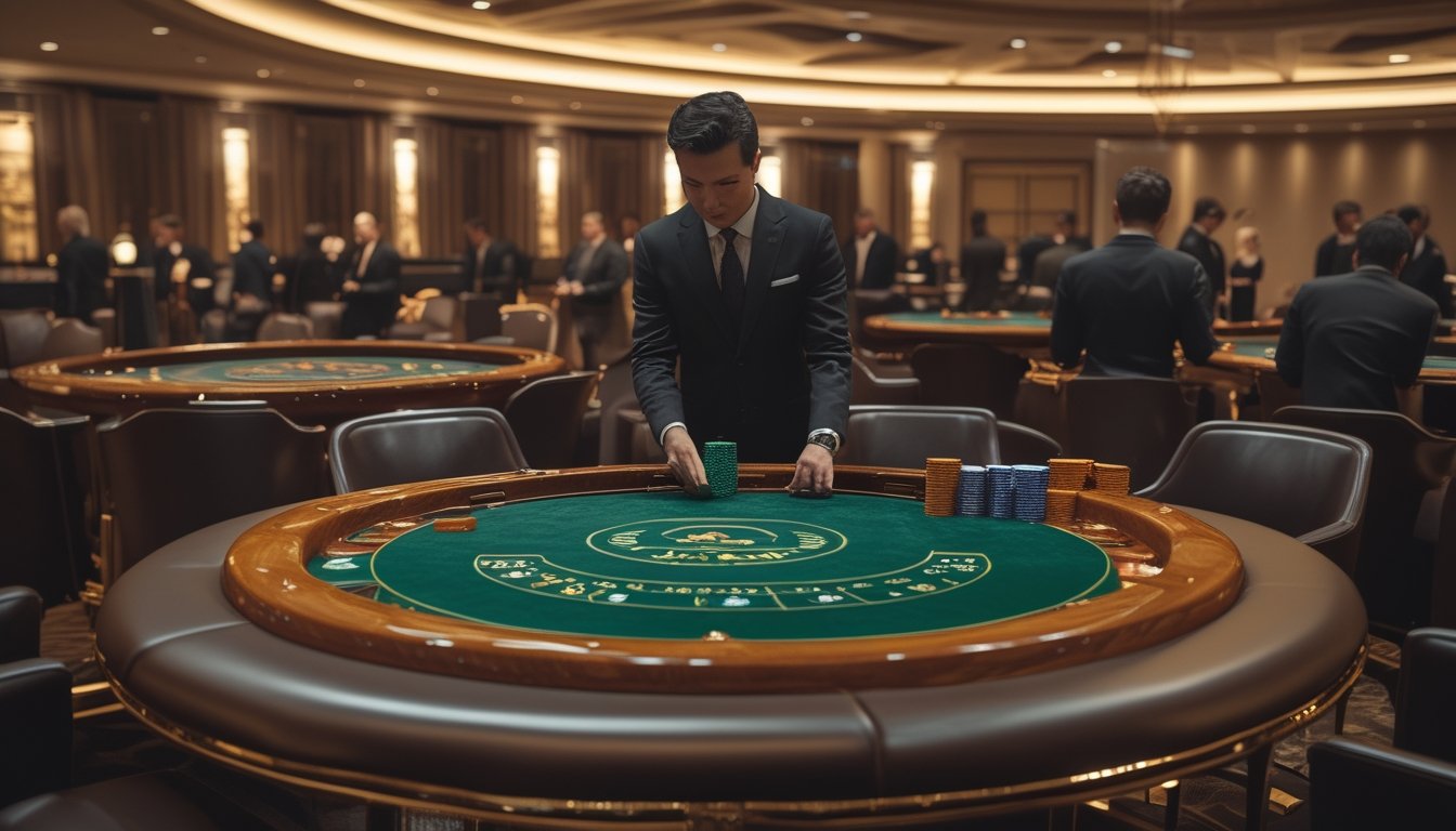 Meja baccarat pribadi eksklusif di kasino mewah dengan beberapa pemain berpakaian rapi sedang bermain, dikelilingi oleh suasana yang hangat dan elegan.