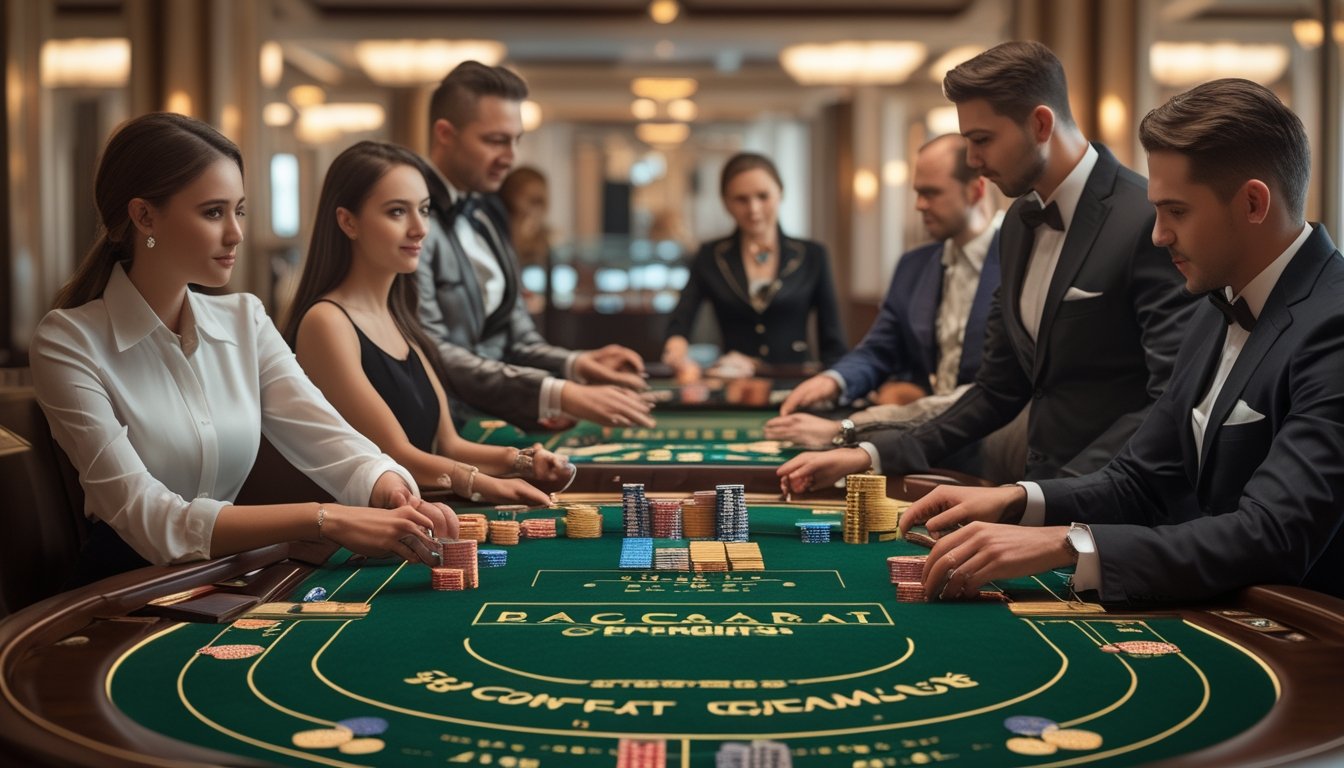 Suasana kasino mewah dengan beberapa meja baccarat, pemain dan dealer berpakaian rapi sedang bermain dengan serius.
