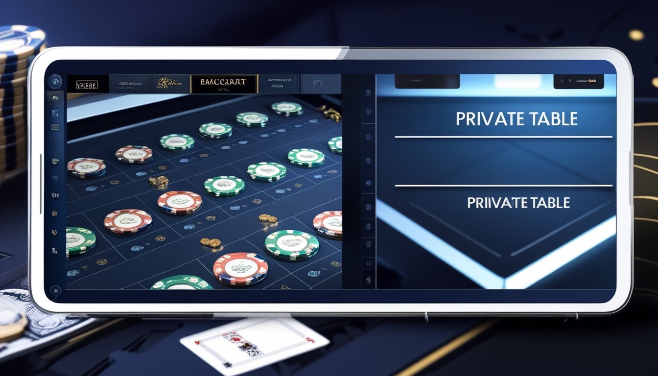 Tampilan layar komputer yang menunjukkan beberapa meja baccarat sekaligus di satu sisi dan meja baccarat pribadi yang lebih kecil di sisi lain, dengan latar belakang elemen kasino seperti chip dan kartu.