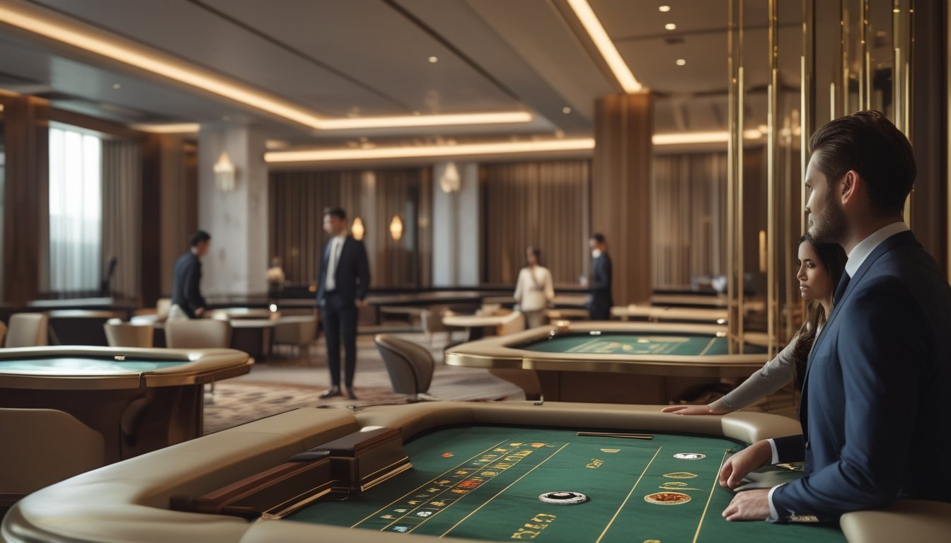 Ruangan permainan baccarat dengan beberapa meja dan pemain yang fokus, salah satu meja ditandai sebagai area VIP privat.