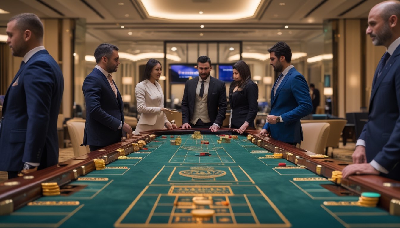 Suasana kasino dengan beberapa meja baccarat yang rapi dan area VIP pribadi di latar belakang, menampilkan pemain dan dealer yang sedang bermain.