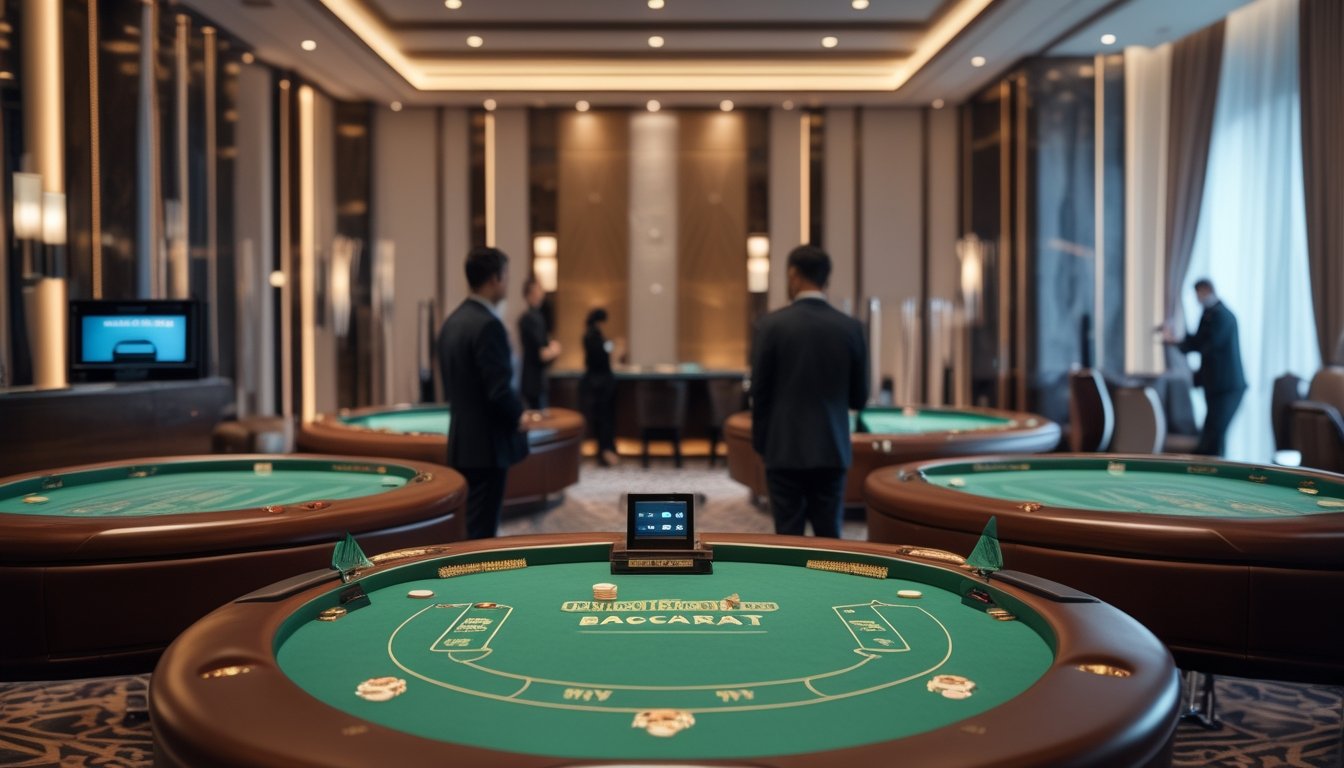 Suasana ruang kasino mewah dengan beberapa meja baccarat dan satu meja privat, dealer dan pemain bermain dengan fokus.