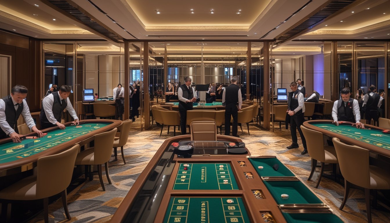 Beberapa pemain bermain baccarat di beberapa meja dalam ruangan kasino yang modern dan rapi dengan dealer profesional dan suasana yang nyaman.