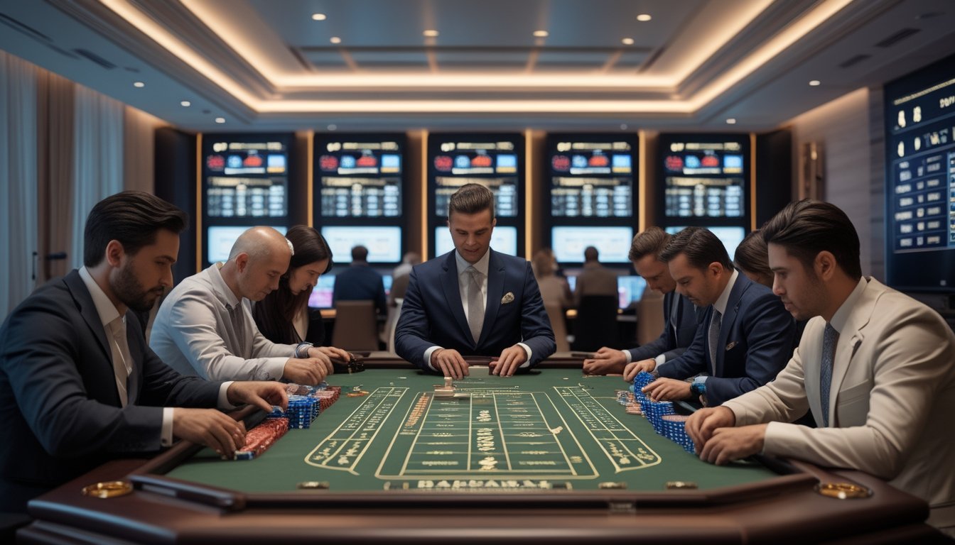 Beberapa orang bermain baccarat di meja taruhan pribadi dengan suasana kasino yang mewah dan profesional.