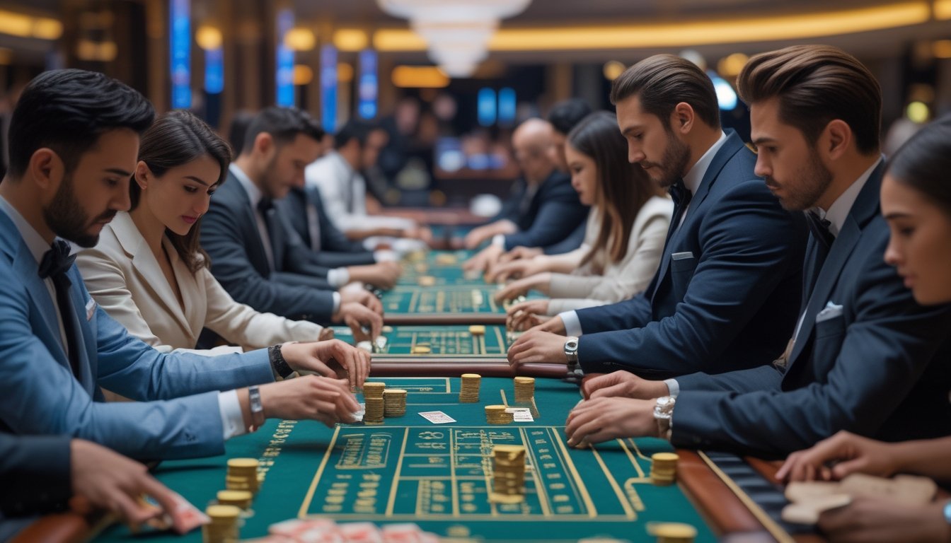 Beberapa pemain berpakaian rapi sedang bermain baccarat di beberapa meja kasino yang mewah dengan dealer membagikan kartu.