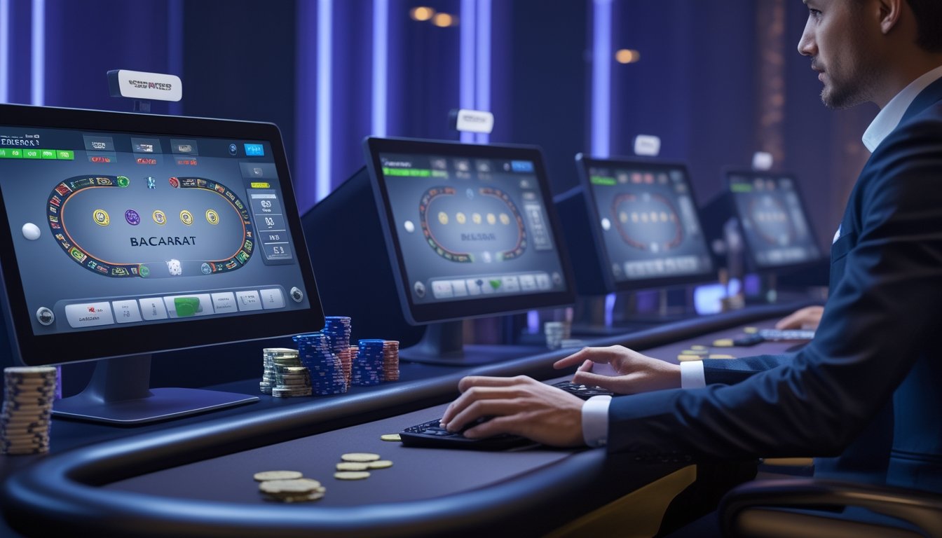 Seorang pemain menggunakan komputer dengan beberapa meja baccarat virtual terlihat di layar dalam ruangan dengan pencahayaan lembut.