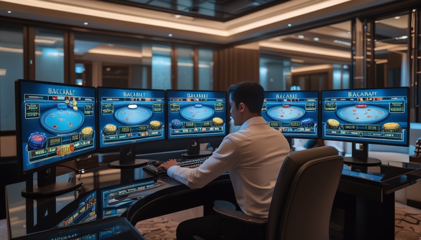 Seorang pemain duduk di depan beberapa layar komputer yang menampilkan permainan baccarat online dengan suasana ruangan yang modern dan nyaman.
