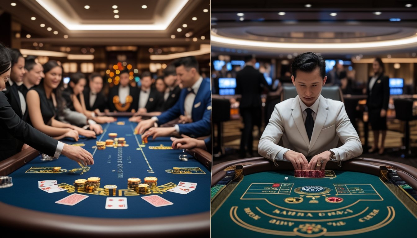 Dua meja Baccarat berdampingan di kasino, satu dengan banyak pemain dan dealer, satu lagi meja privat dengan satu pemain profesional dan dealer.