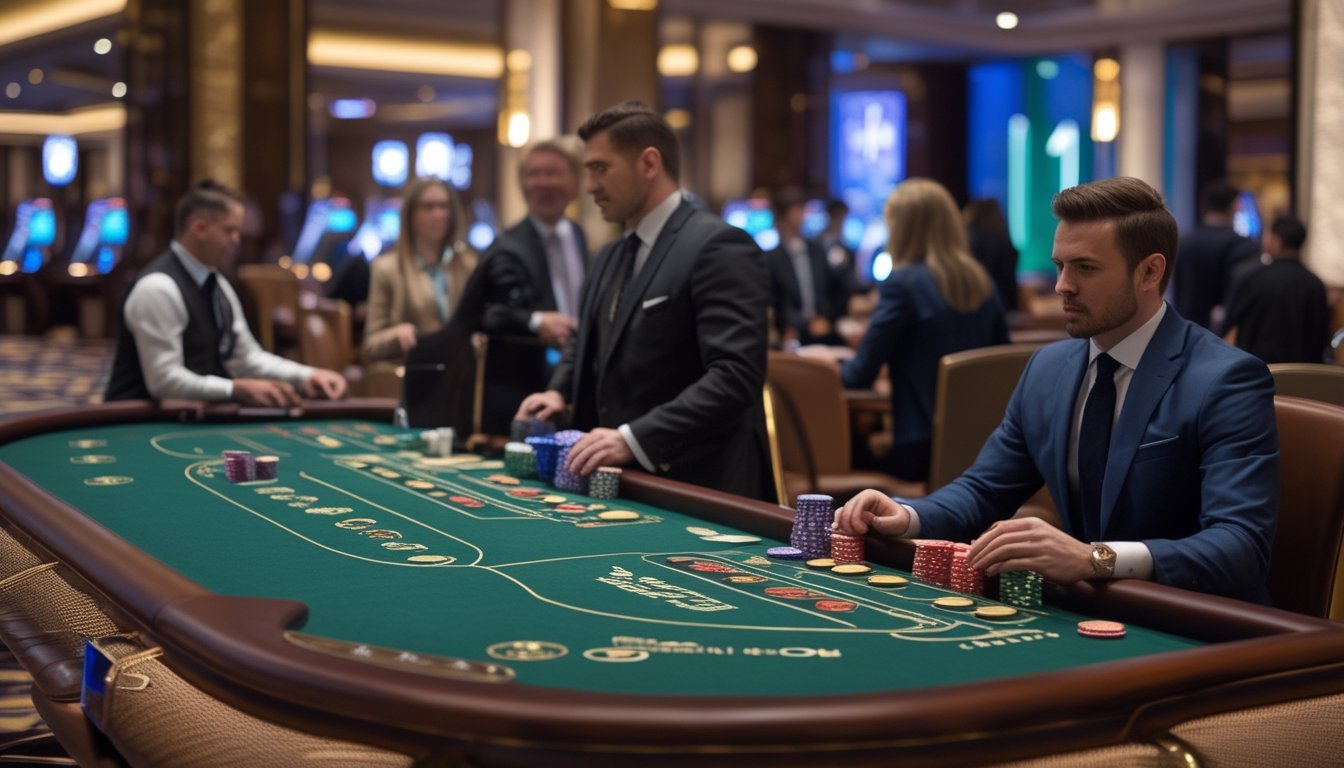 Dua meja baccarat di kasino, satu dengan banyak pemain dan satu meja pribadi dengan satu pemain profesional, suasana berbeda di setiap meja.