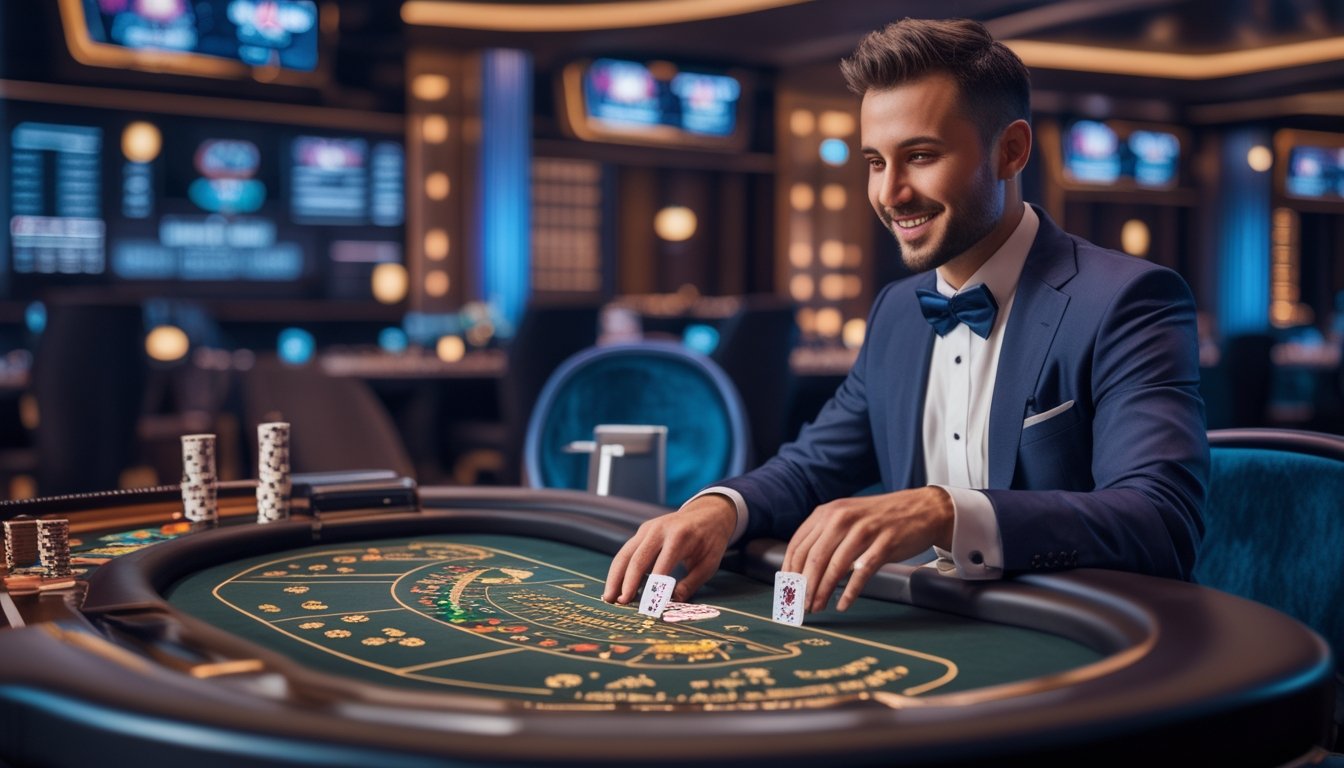 Seorang dealer langsung sedang membagikan kartu di meja baccarat pribadi yang mewah dengan suasana kasino modern.