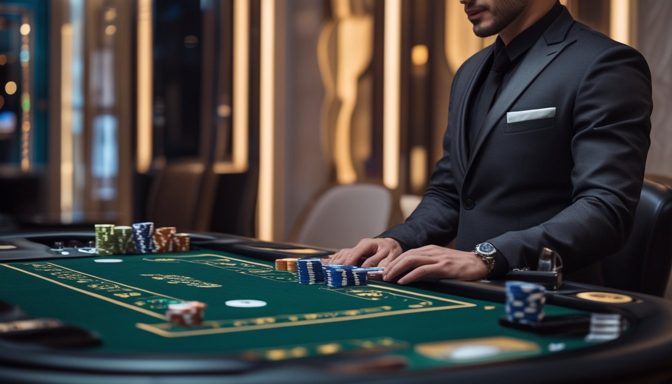 Seorang dealer profesional sedang mengelola permainan baccarat di meja pribadi dalam suasana kasino modern yang mewah.