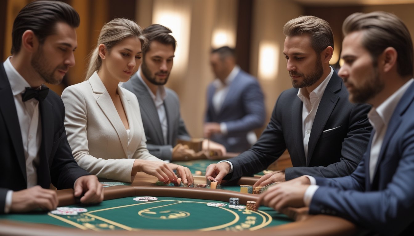 Beberapa orang bermain baccarat di meja privat modern di dalam kasino yang mewah.