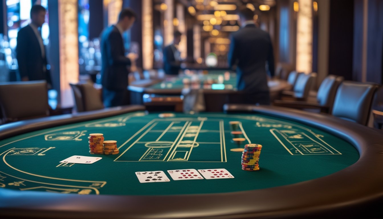 Meja baccarat mewah dengan beberapa area permainan di dalam kasino yang elegan, dikelilingi kursi nyaman dan pencahayaan hangat.