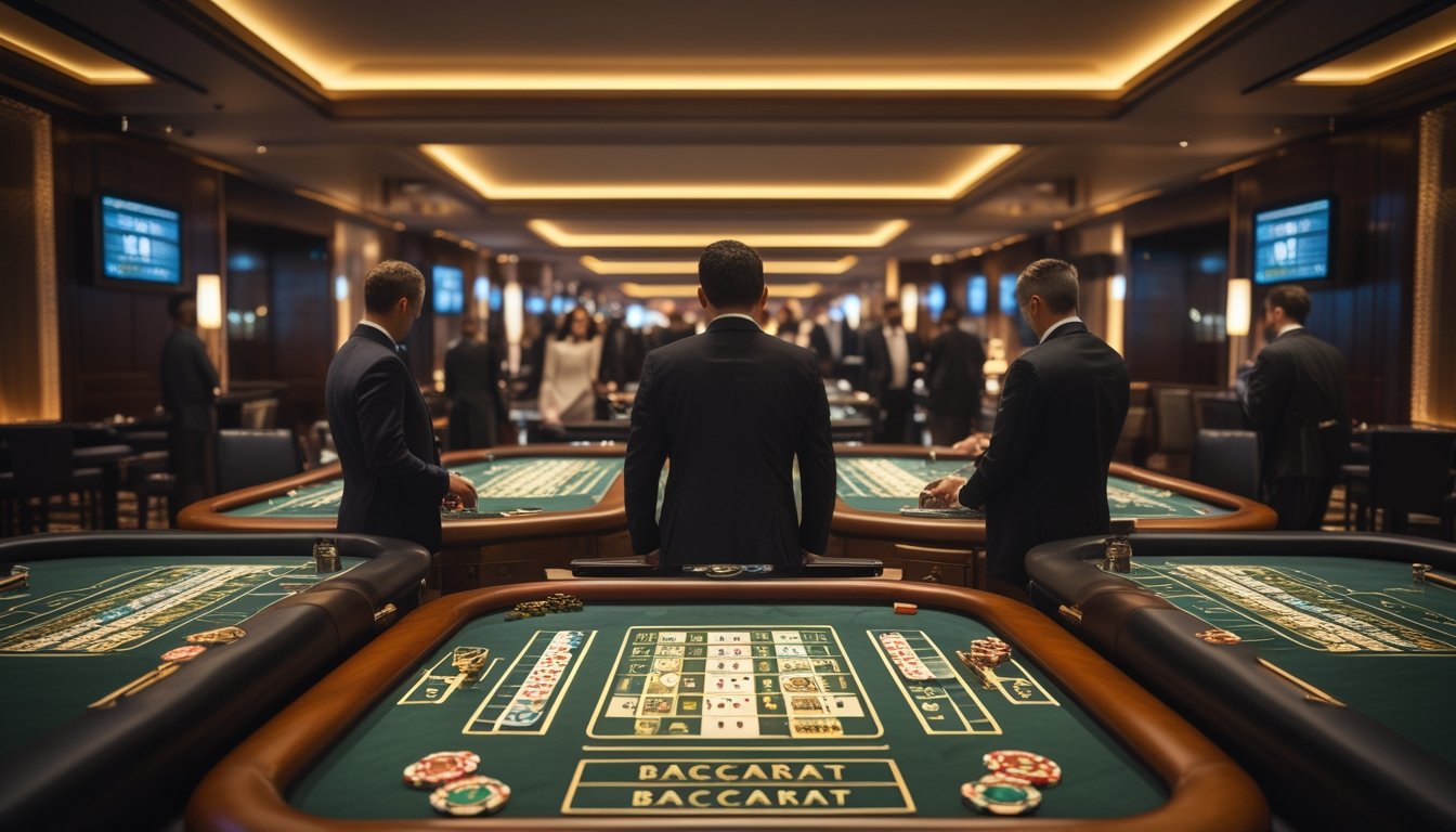 Beberapa pemain berpakaian rapi sedang bermain baccarat di beberapa meja dalam ruangan kasino mewah dengan pencahayaan hangat dan dekorasi elegan.
