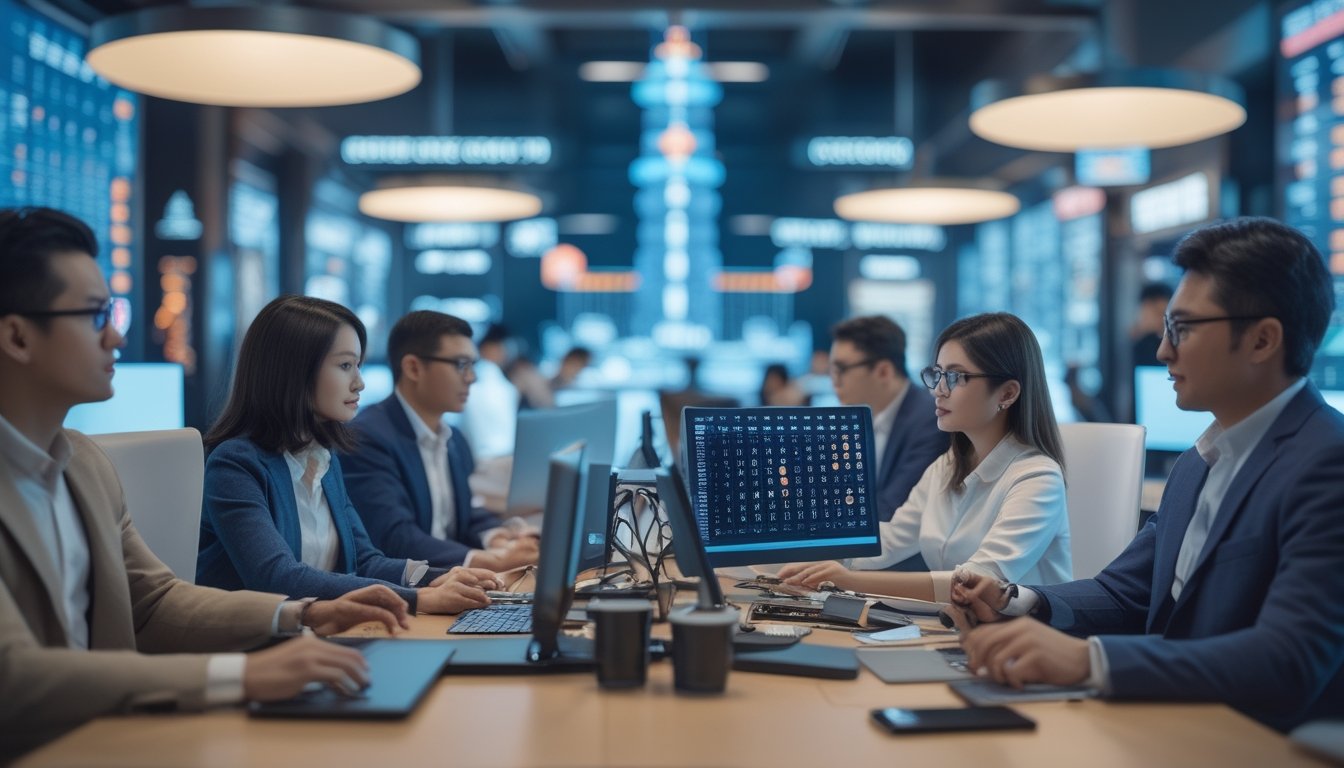 Sekelompok profesional bekerja bersama di kantor modern dengan layar komputer menampilkan data angka lotre dan latar belakang samar landmark Macau.