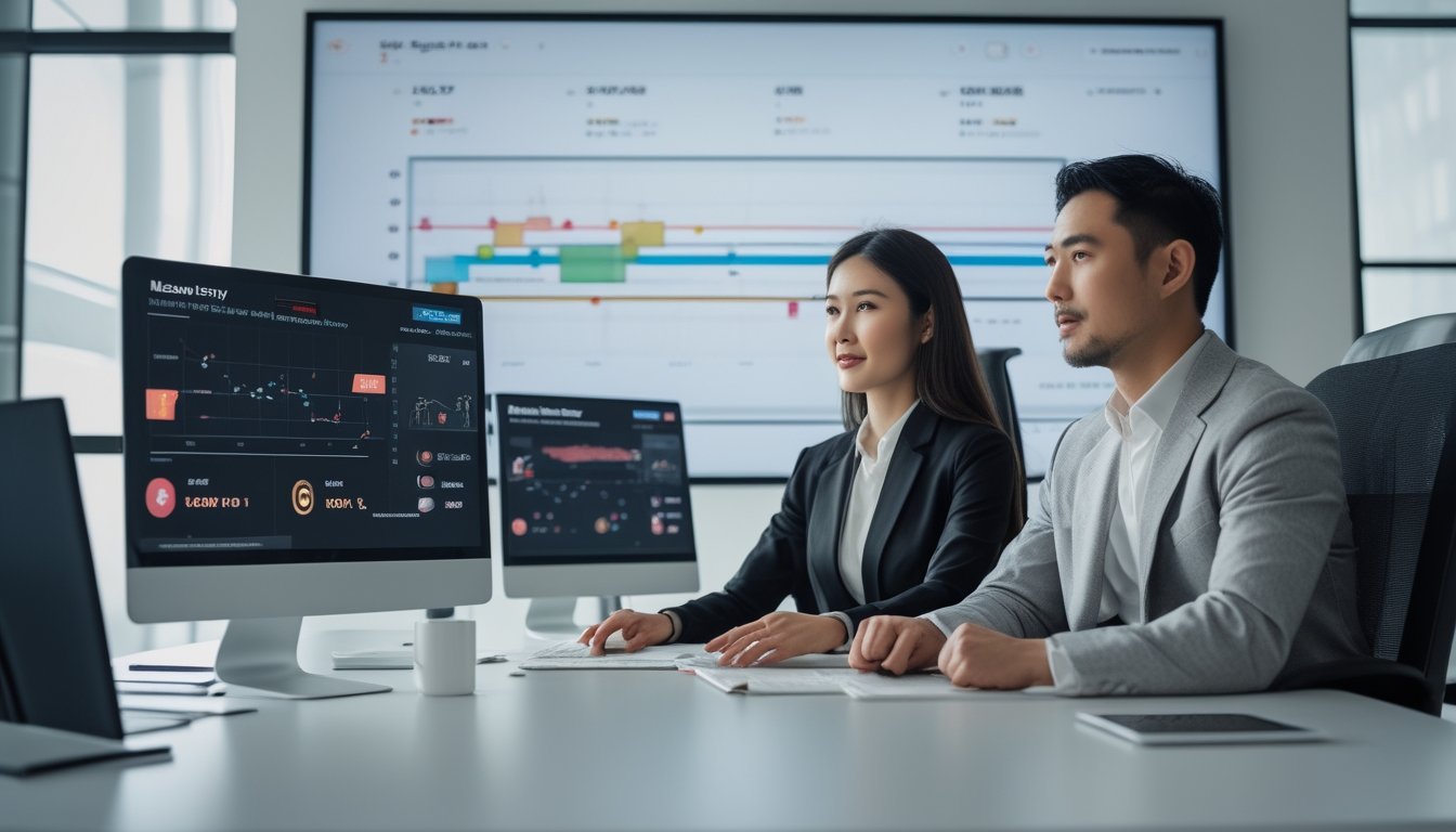 Dua orang profesional sedang berdiskusi di kantor modern dengan layar komputer yang menampilkan data terkait pasar togel Macau.