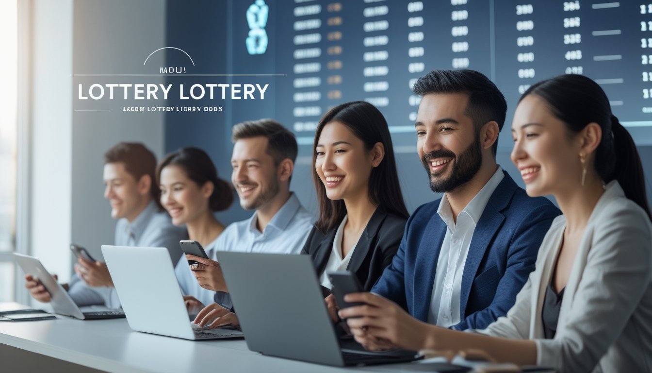 Beberapa orang menggunakan laptop dan ponsel di ruang kerja modern yang terang, fokus pada permainan lotere online Macau.