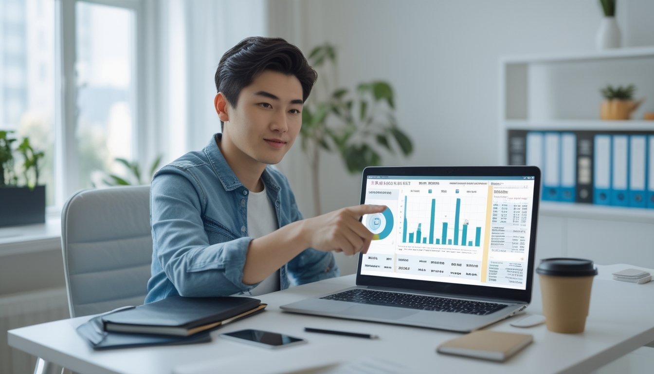 Seseorang muda duduk di meja kerja dengan laptop, menganalisis data dan grafik taruhan togel Macau.