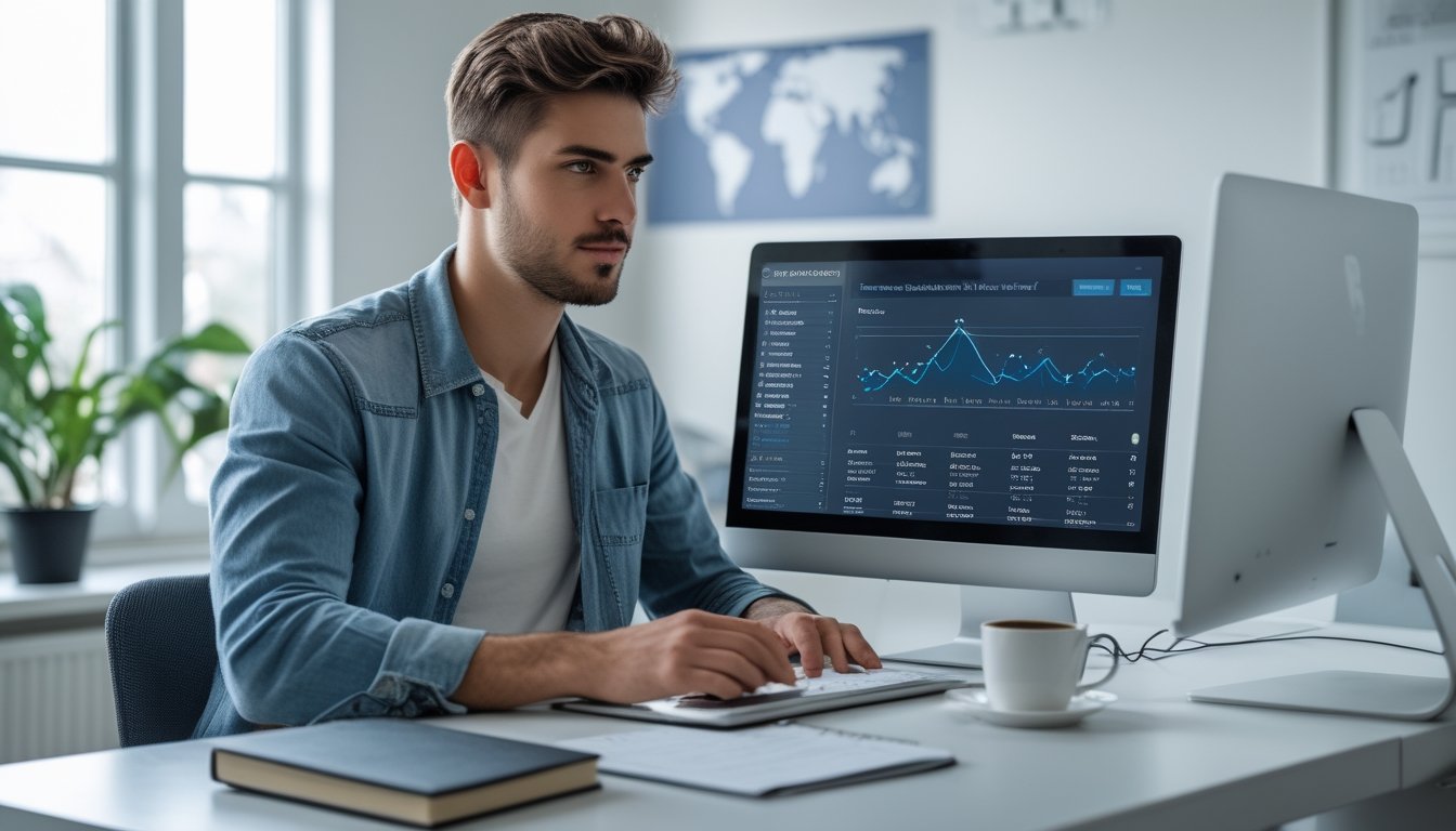 Seorang dewasa muda sedang menggunakan laptop di meja kerja modern dengan cahaya alami, fokus menganalisis data terkait taruhan togel online.