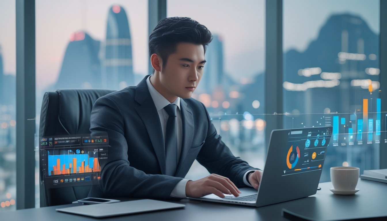 Seorang pria Asia berpakaian rapi duduk di meja kantor modern menggunakan laptop dengan grafik keuangan, latar belakang kota Macau kabur dengan pencahayaan lembut.
