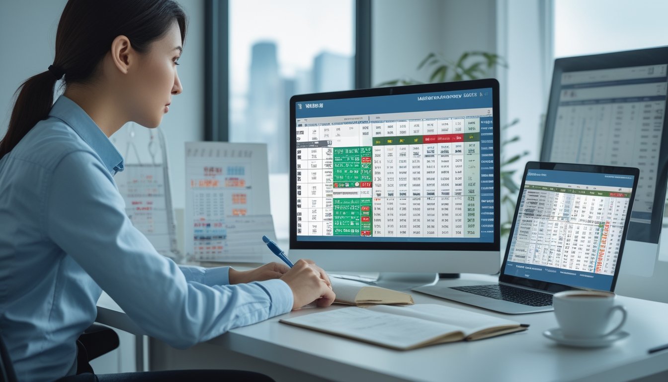 Seorang individu duduk di meja kantor modern, fokus menganalisis data taruhan togel Macau menggunakan laptop dan tablet, dengan suasana kerja yang rapi dan pencahayaan terang.
