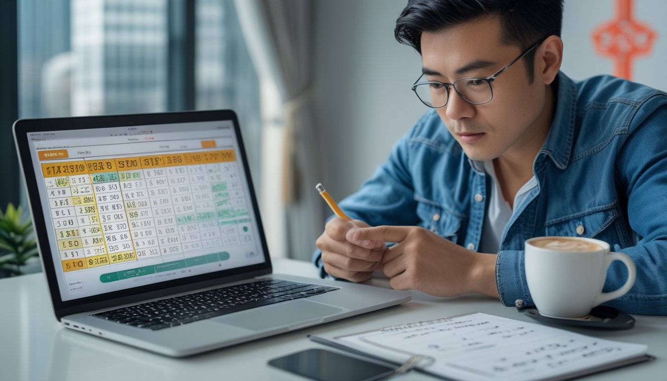 Seorang individu sedang fokus menganalisis data taruhan togel Macau di meja kerja dengan laptop, catatan, dan ponsel.
