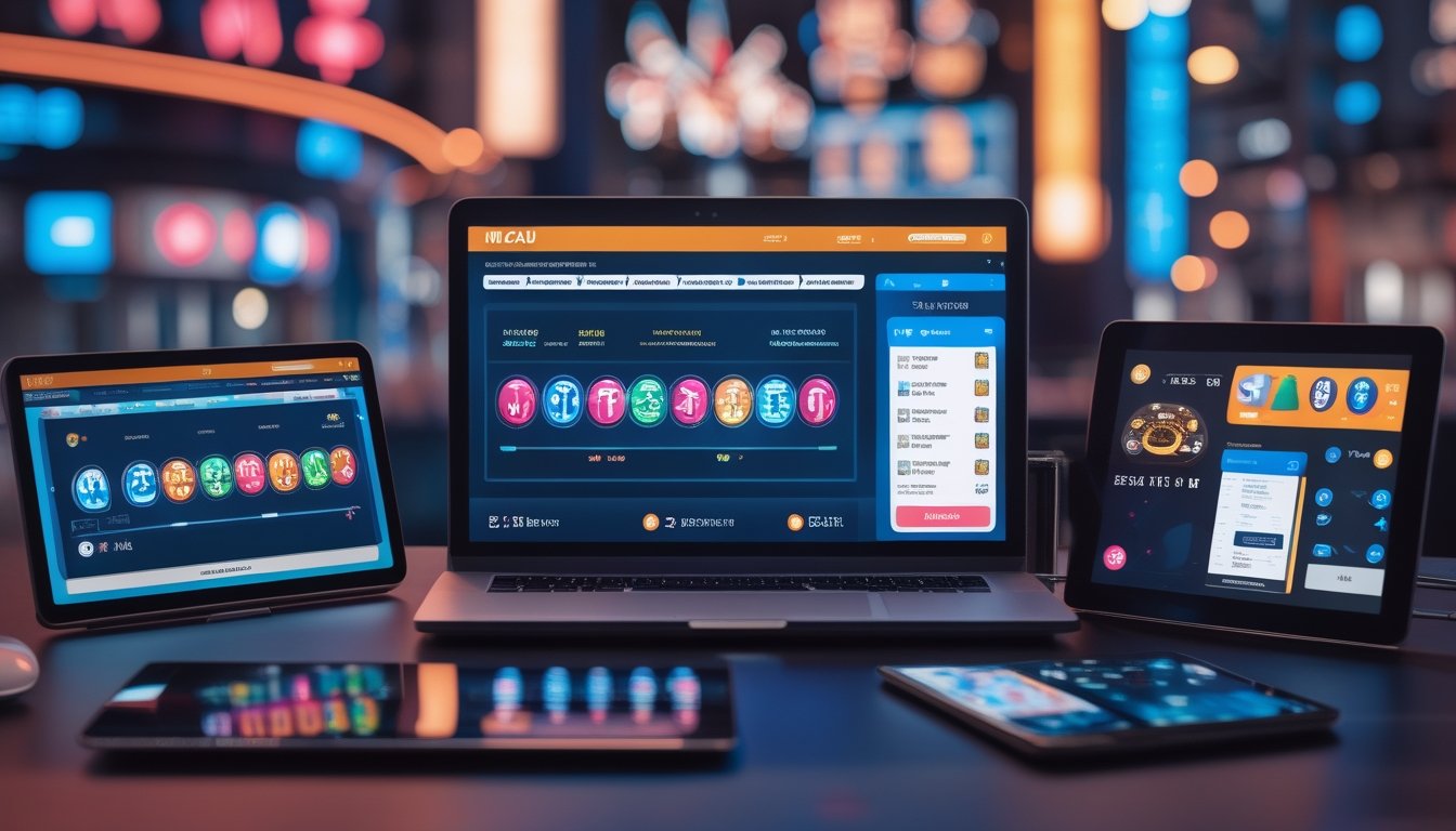 Seorang pengguna sedang mengakses situs togel online di beberapa perangkat digital dengan latar belakang pemandangan kota Macau.