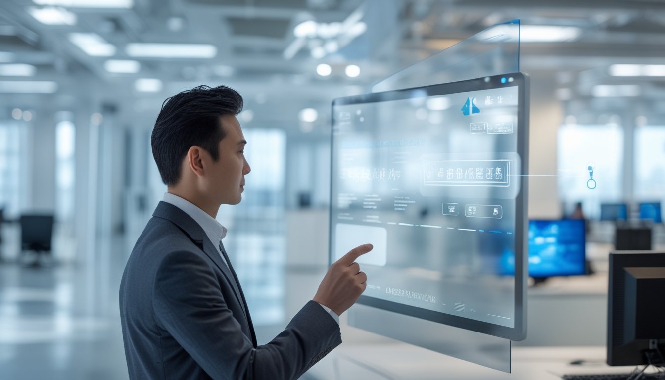 Seorang pria Asia menggunakan layar sentuh digital modern di kantor dengan peralatan teknologi di latar belakang.