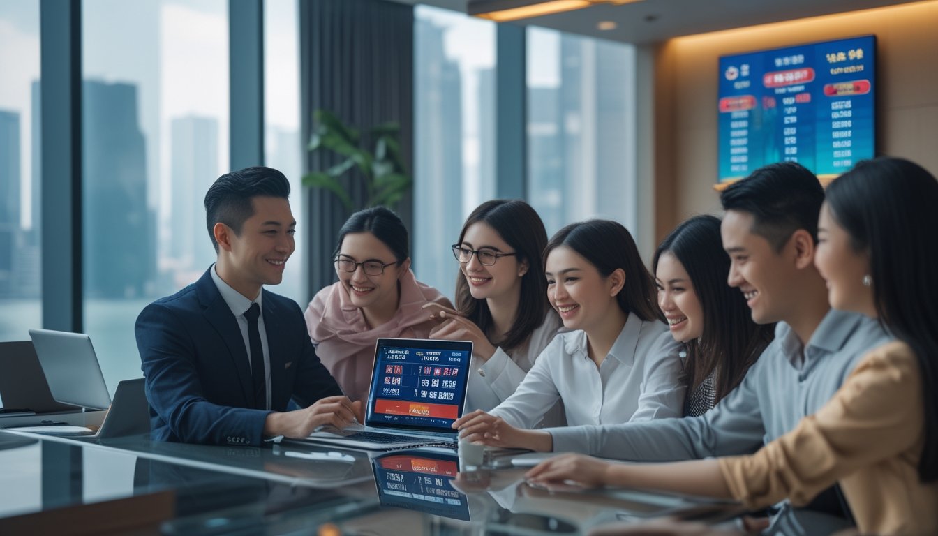 Seorang agen layanan pelanggan yang ramah membantu beberapa pelanggan dengan perangkat digital di ruang kantor modern dengan pemandangan kota Macau di latar belakang.
