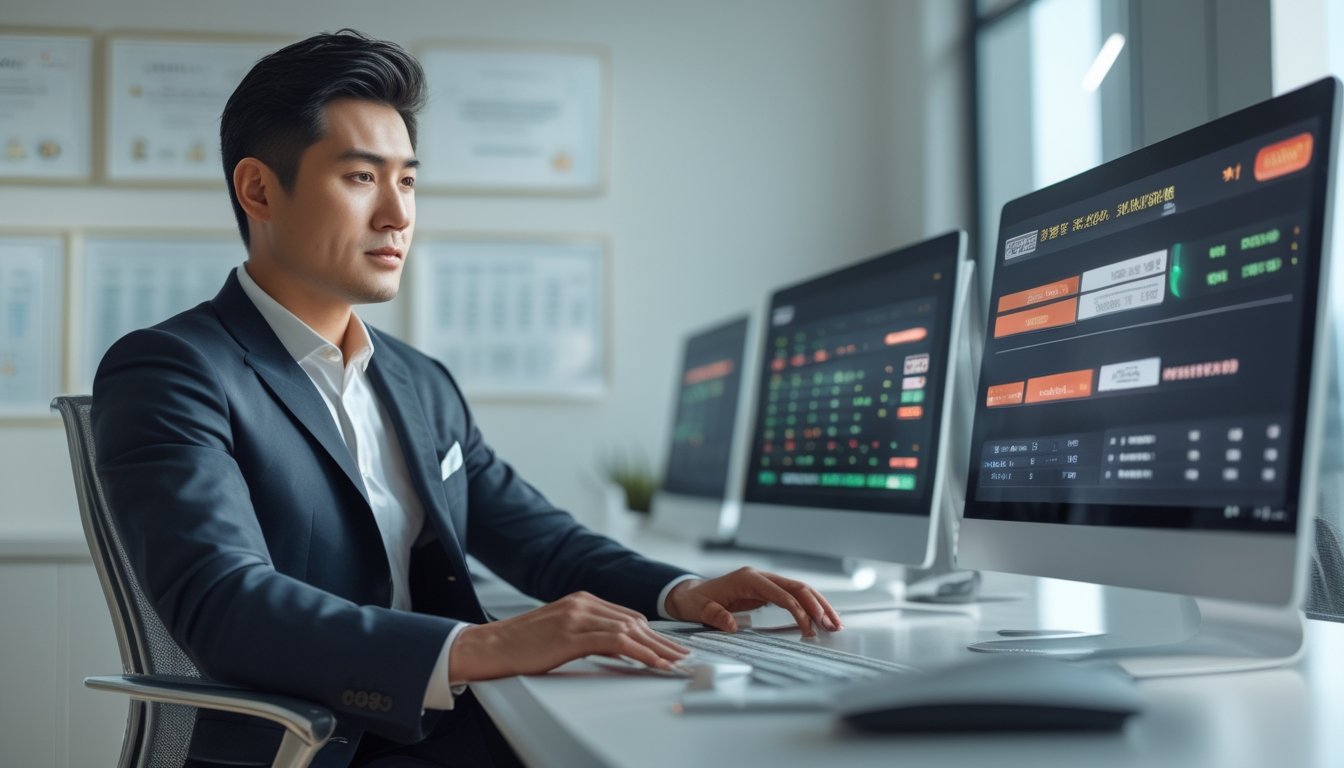 Seorang pria Asia berpakaian rapi duduk di kantor modern sambil menganalisis data di beberapa layar komputer.